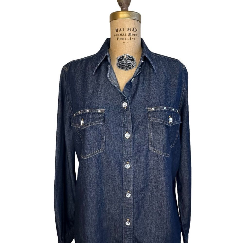 Vintage NWT Dark Blue Wash Denim Button Down w Diamante buttons Size Large